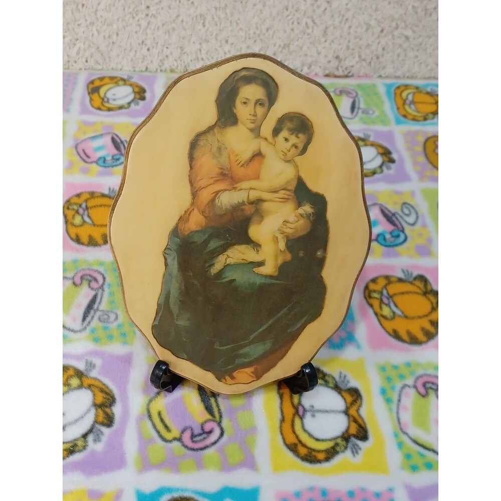Vintage Mother Holding Baby Wood Wall Plaque Decoupage Lacquered Art Cottagecore